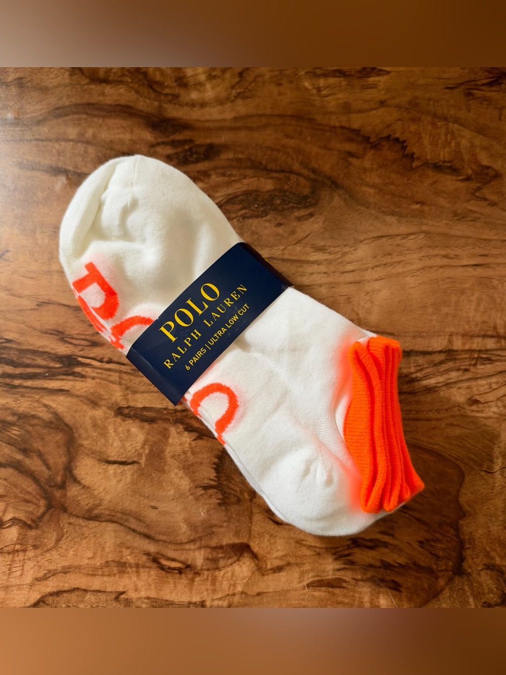 Polo Ralph Lauren Socks Men’s 10-13 White Orange 6 Pairs Ultra Low Cut NWT